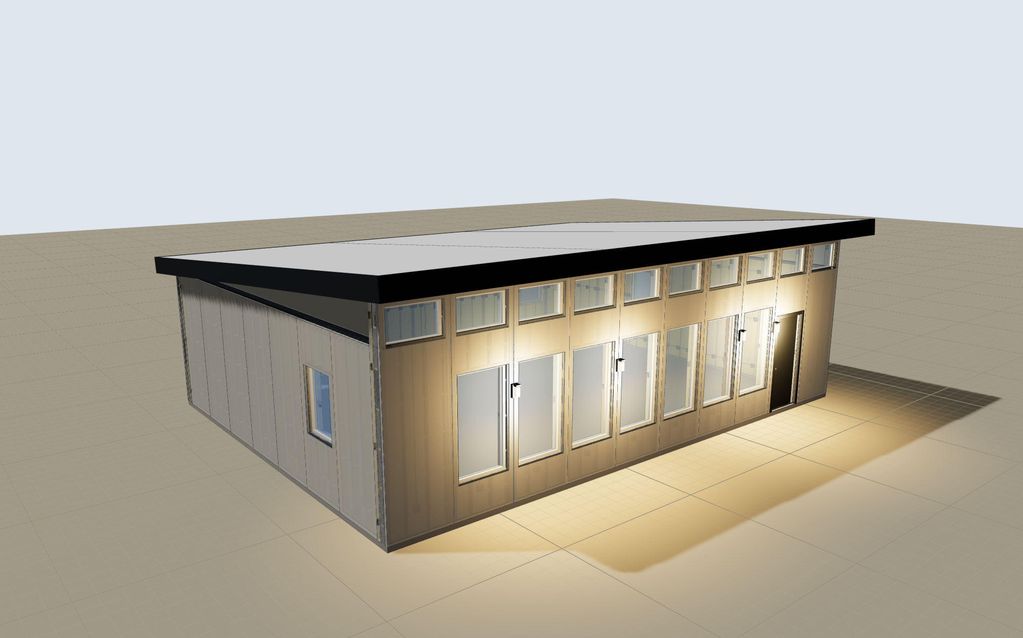 40 by 28 foot cellular concrete panel house with a shed roof rising toward a wall of view windows, seen from the front corner