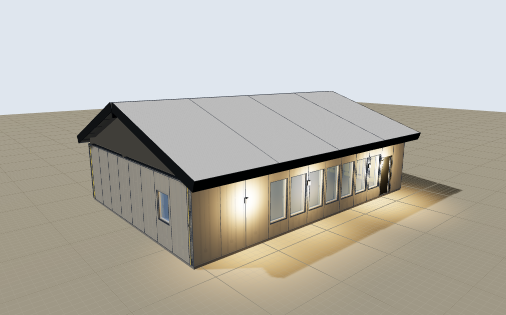 48 × 32 Great-room house, gable roof, corner view