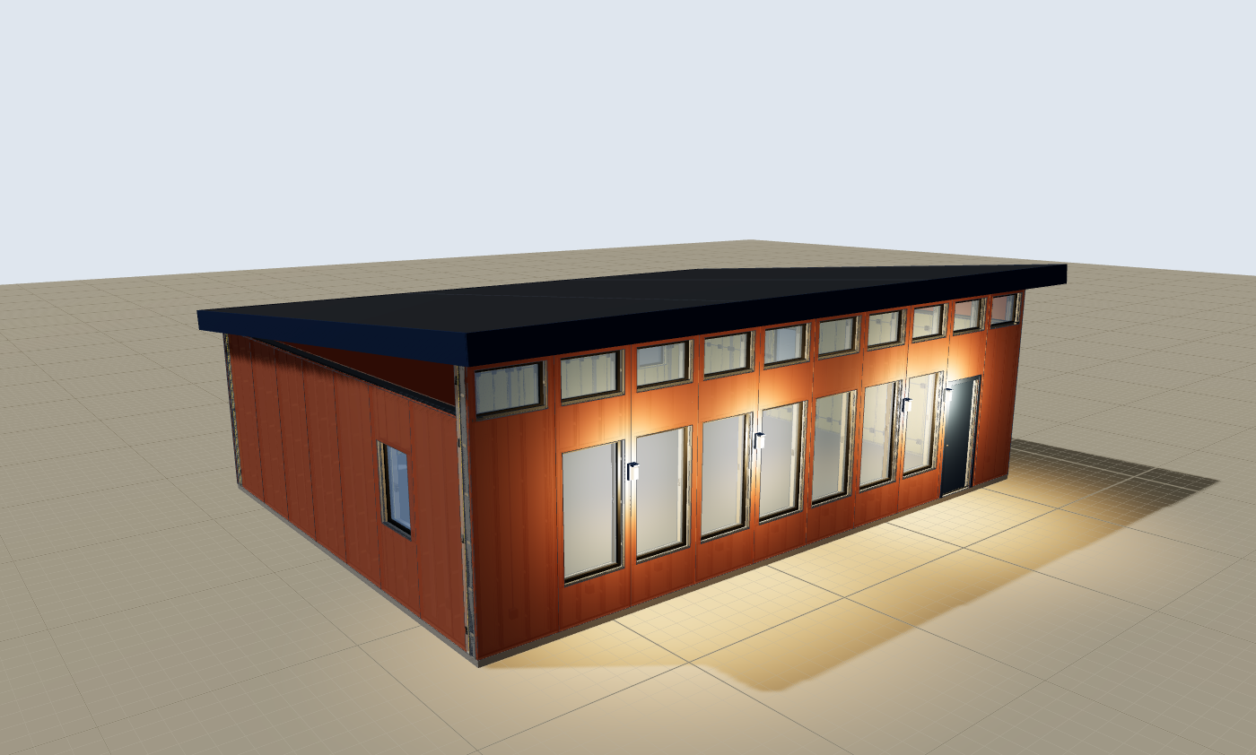 40 × 28 house, terracotta with navy trim